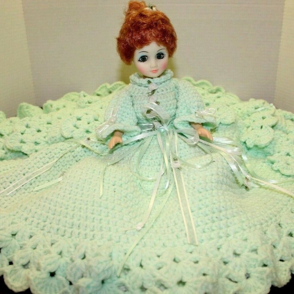 Vintage Hand Crocheted Teal White Bed Pillow Doll